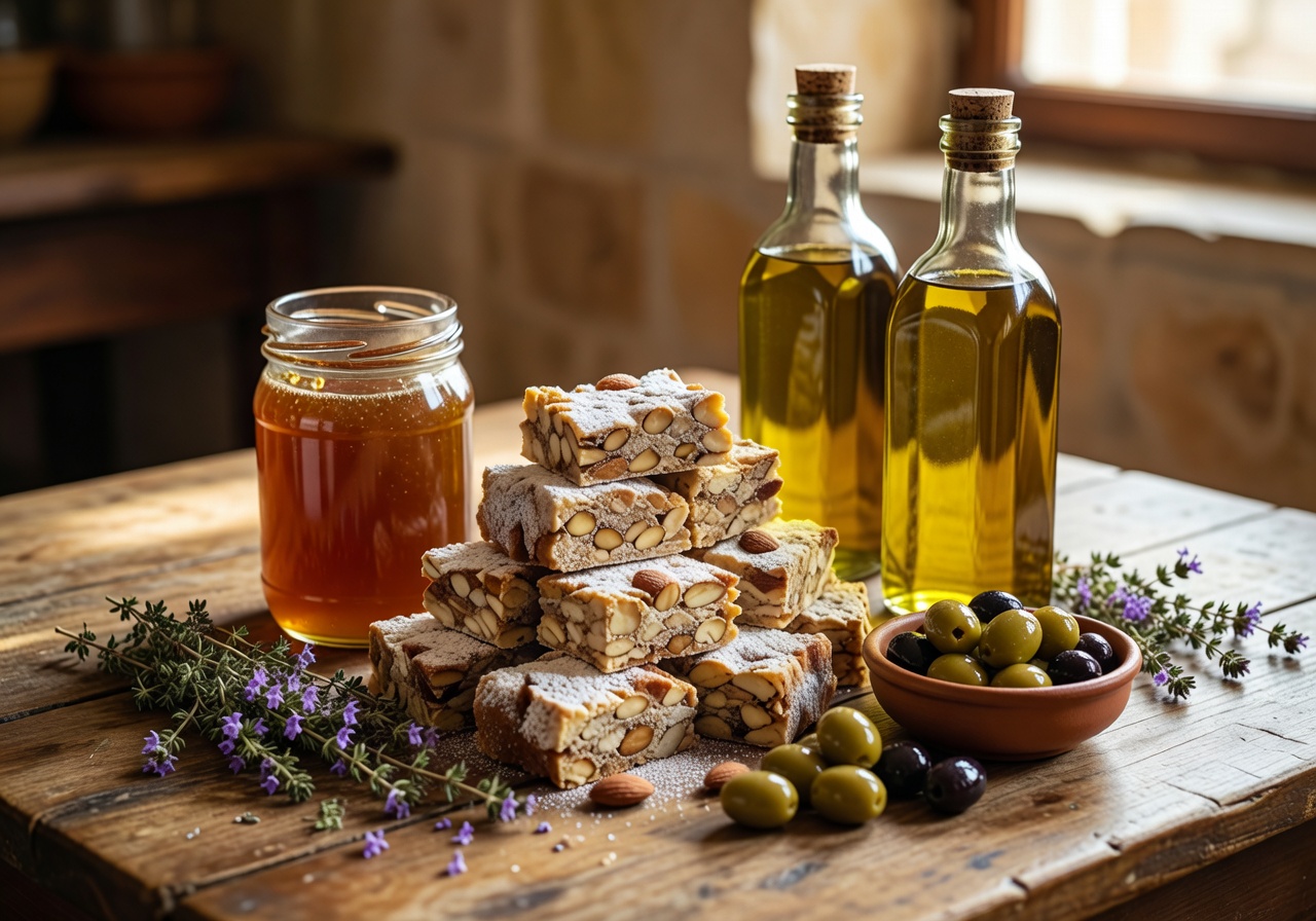 Assortment of Maltese local foods including wild thyme honey, nougat, and olive oil