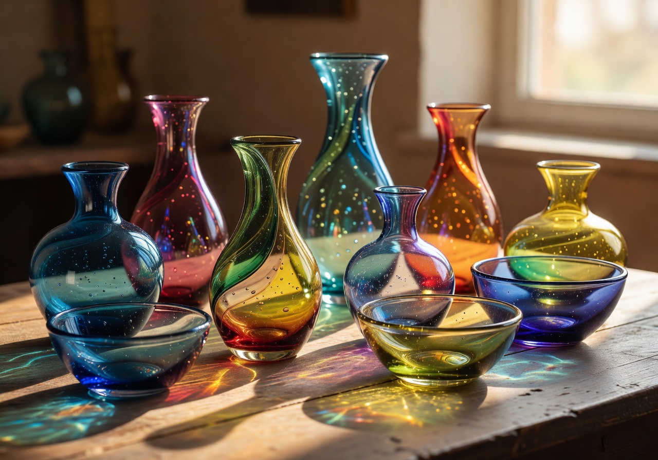 Handmade colorful Maltese Glass vases and bowls