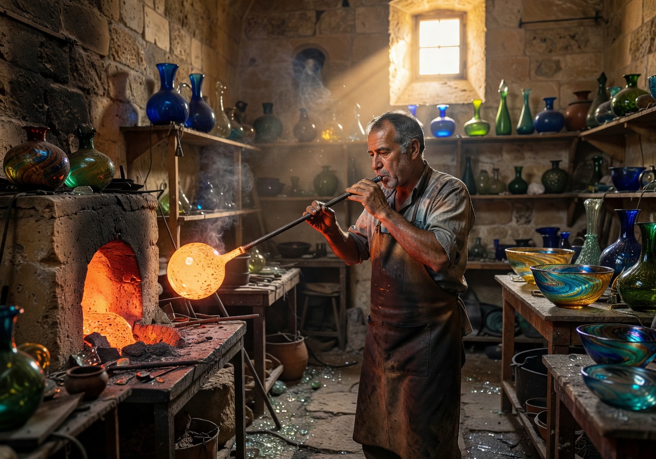 Mdina Glass Artisan blowing glass in workshop