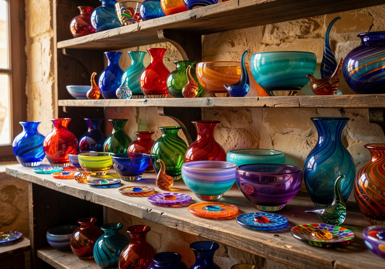 Mdina Glass Colorful items and gifts on shelf