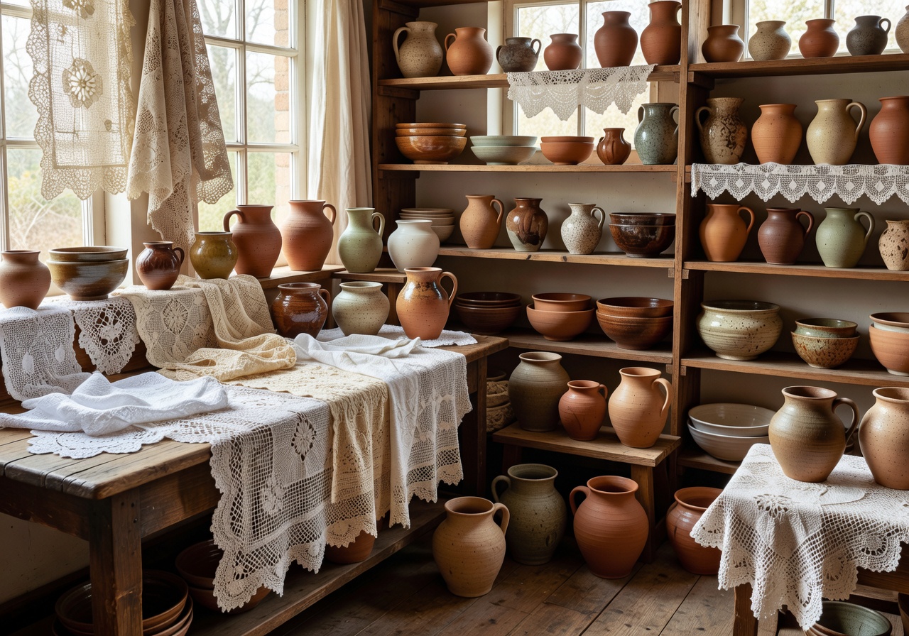 Victoria Crafts Hub Traditional Lace and Pottery Display